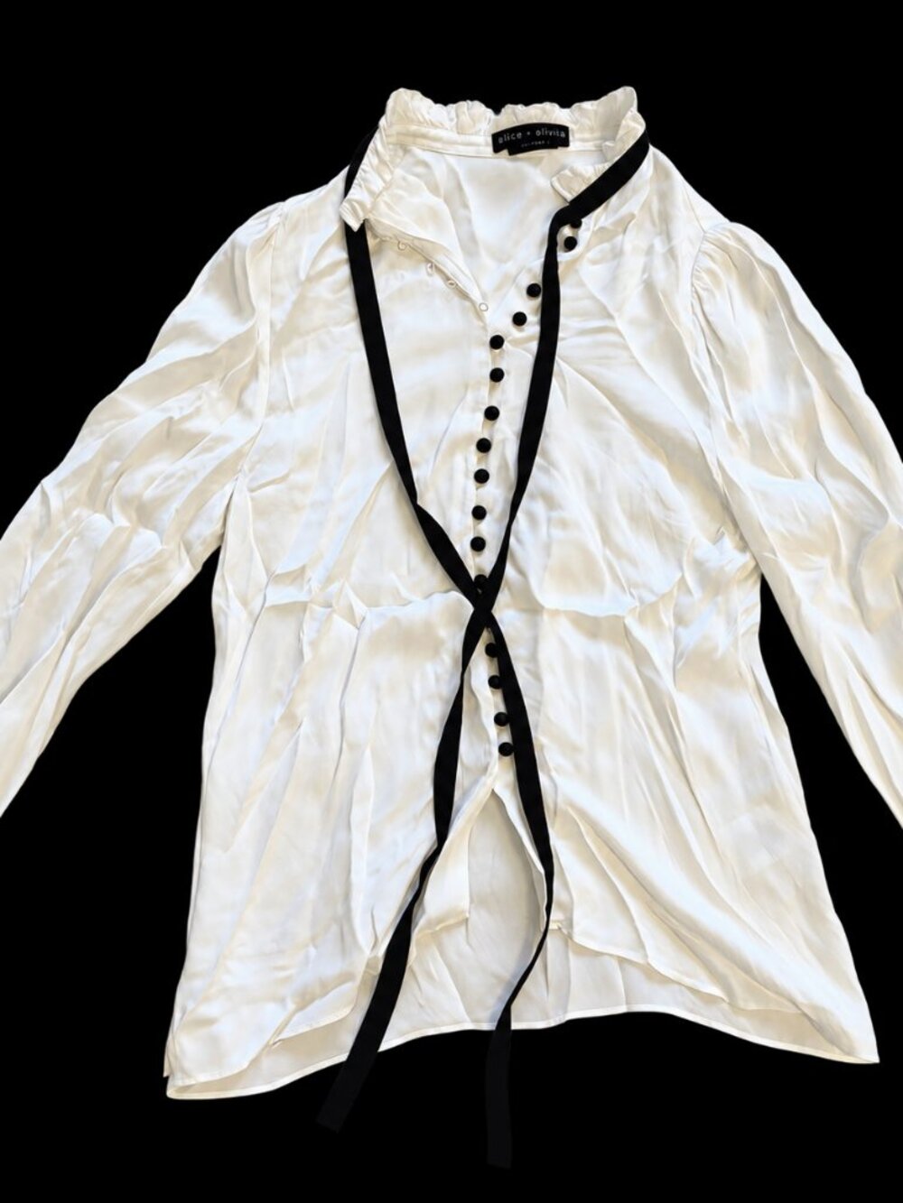 Alice + Olivia White Ruffle Collar Blouse Black Buttons Tie Neck XS